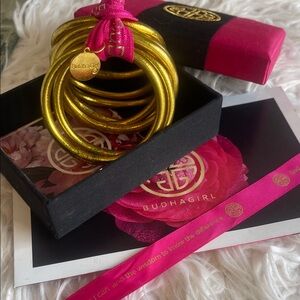 Brand new Buddha Girl Metallic Gold Stackable Bracelet Set with Branded Charm